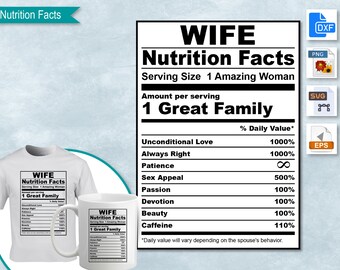 Wife Nutrition Facts, SVG Nutritional Fact Label Template, Printable, DIY, Eps, PNG, SvG, DxF, Cricut, Silhouette