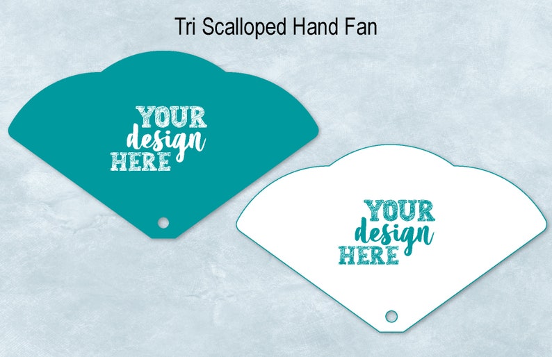 May include: Two tri-scalloped hand fans, one teal and one white, with the text "YOUR design HERE" in white on both.