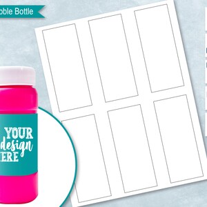 May include: Printable 2 oz bubble bottle label template with six blank labels. The labels are rectangular and have a black outline. The labels are designed to be used for personalizing bubble bottles.
