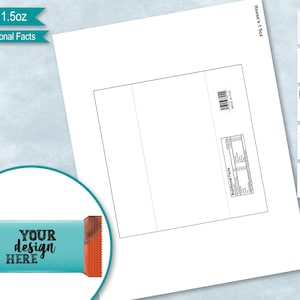 May include: A printable template for a Reese's candy bar wrapper. The template includes a space for a design and a nutritional facts label. The wrapper is 1.5 ounces.