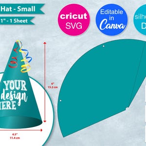 Könnte beinhalten: Eine tealblaue Partyhut-Vorlage mit dem Text "YOUR design HERE" in Weiß. Die Vorlage ist 15,2 cm hoch und 11,4 cm breit. Die Vorlage ist so konzipiert, dass sie ausgeschnitten und zu einem Partyhut zusammengesetzt werden kann.