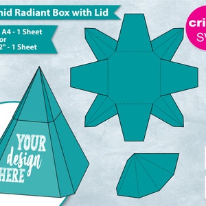 May include: A teal blue pyramid-shaped box with a lid. The box is unfolded and flat, showing the cut lines for assembly. The box is designed to be used as a gift box or for packaging small items. The text "YOUR design HERE" is printed on the front of the box.