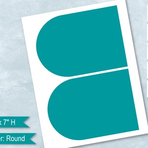 Puede incluir: Dos formas de pancarta redonda imprimibles de color turquesa, cada una mide 12,7 cm de ancho por 17,8 cm de alto. La pancarta está etiquetada como "Pancarta: Redonda".