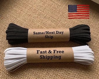 1/8" Inch 3mm Flat Elastic Braided White or Black 10 Yards | 20 Yards USA Stock DIY for Mask