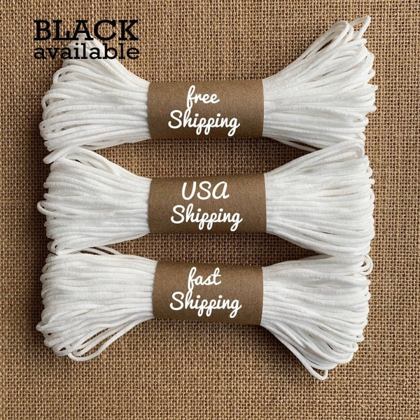 1/8" 3mm White and Black Round Soft Elastic Band Cord for Mask 10 Yard or 20 Yard DIY USA stock Latex Free Earloop