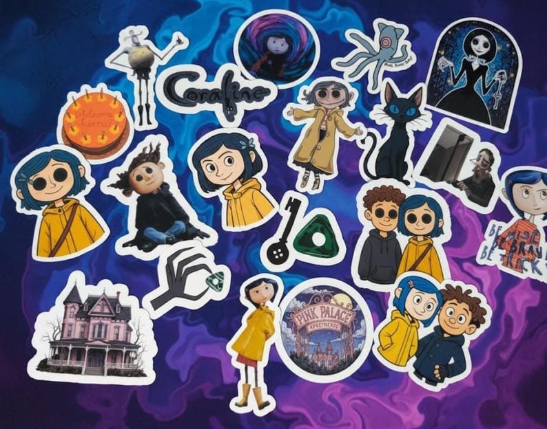 May include: A collection of colorful stickers featuring characters and imagery from the animated film "Coraline." The stickers include images of the main character, a black cat, and the Pink Palace Apartments.