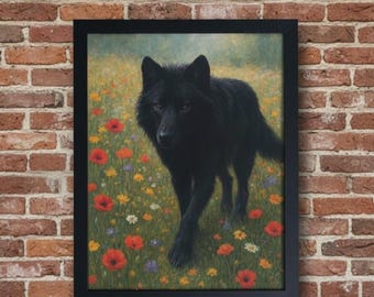 Black Wolf & Wildflowers Wall Art print, Wolf decor