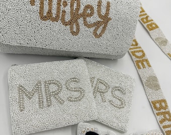 2 day shipping - MRS coin purse - wifey - bride - just married - pearl coin purse - bridesmaid - moh - wedding gift - bachelorette- beaded