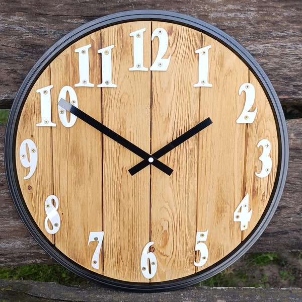 Rustic wood wall clock combined with bicycle wheel, metal, unique gift,