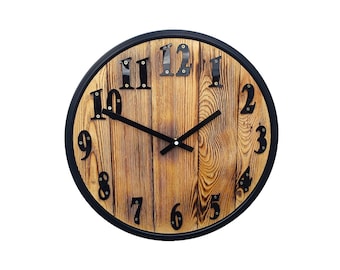 Wall clock aluminum rim as a frame, original and modern rustic wall clock made of oak wood and bicycle wheel, surprise, gift