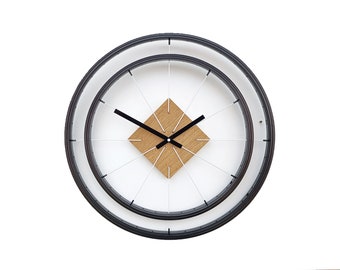 Rhombus wall clock with wooden dial and bicycle wheels, original and unique look, gift