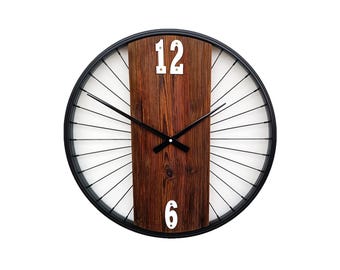 Rustic old wood wall clock combined with spokes and bicycle wheel, unique gift, surprise