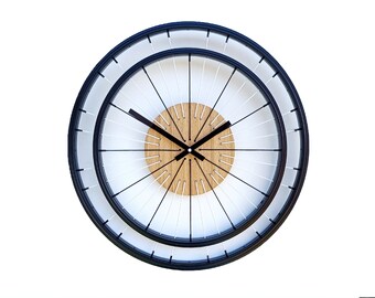 Comet wall clock with wooden dial and bicycle wheels, original and unique look, gift
