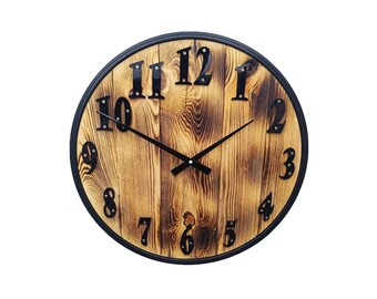 Rustic wood wall clock combined with bicycle wheel, metal, unique gift