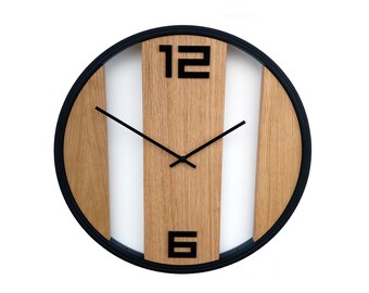 3w loft wall clock made of oak wood and bicycle wheel with aluminum rim, frame, unique, original and modern