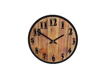 Wall clock aluminum rim as a frame, original and modern rustic wall clock made of oak wood and bicycle wheel, surprise, gift