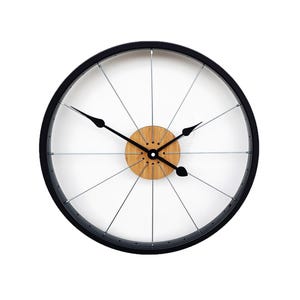 Max wall clock made of rims and bicycle spokes, bamboo wood, reloj