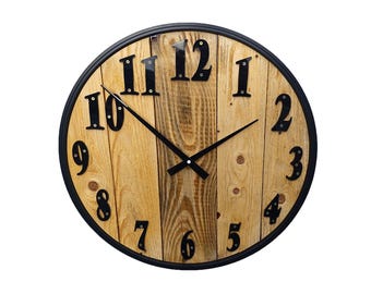 Rustic wood wall clock combined with bicycle wheel, metal, unique gift,