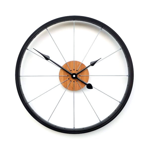 Max-Wanduhr aus Felgen und Fahrradspeichen, Bambusholz, Reloj