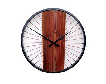 Rustic old wood wall clock combined with spokes and bicycle wheel, unique gift, surprise