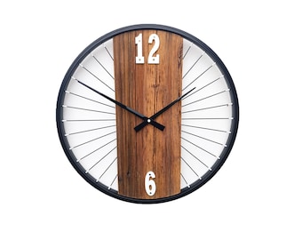 Rustic old wood wall clock combined with spokes and bicycle wheel, unique gift, surprise
