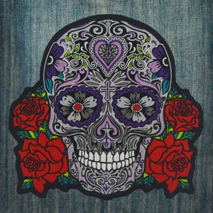 Day of The Dead Mexican Sugar Skull and Roses Large Embroidered Motorcycle Jacket & Biker Vest Back Patch