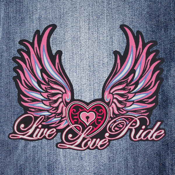 Pink Angel Wings Live Love Ride Large Embroidered Back Patch for Jacket & Vest