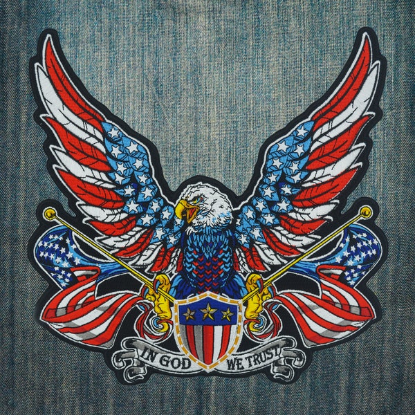 In God We Trust American Eagle Patriotic Large Embroidered Motorcycle Jacket & Biker Vest Back Patch