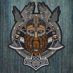 Viking Warrior with Thor Hammer Mjolnir, Twin Axes, Ravens Large Embroidery Back Patch