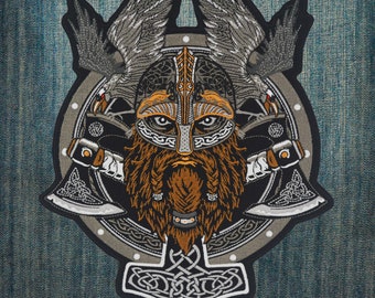 Viking Warrior with Thor Hammer Mjolnir, Twin Axes, Ravens Large Embroidery Back Patch