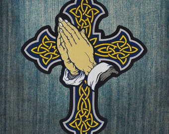 Christian Cross Praying Hands Large Embroidered Back Patch