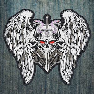 V-Twin Engine Triple Skull Red Eyes with Angel Wings Large Embroidered Back Patch for Motorcycle Jacket & Biker Vest