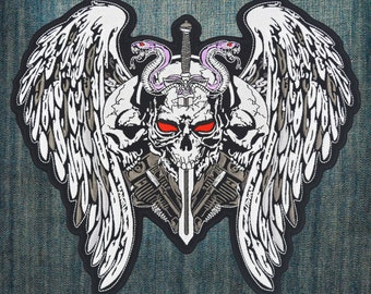 V-Twin Engine Triple Skull Embroidered Patch, Red Eyes Angel Wings