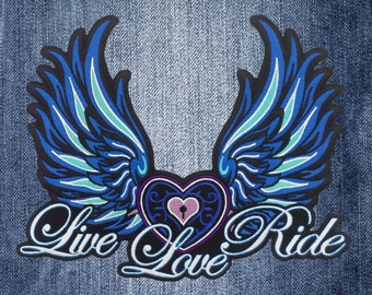 Blue Angel Wings Live Love Ride Large Embroidered Back Patch for Jacket & Vest