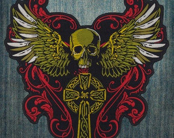 Flying Skull Celtic Cross Large Embroidered Motorcycle Jacket & Biker Vest Back Patch