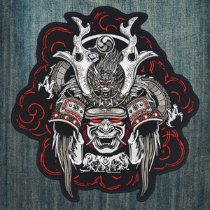 Japanischer Oni Samurai Krieger Bushido mit Drachen Groß gestickte Motorradjacke & Bikerweste Rückenaufnäher
