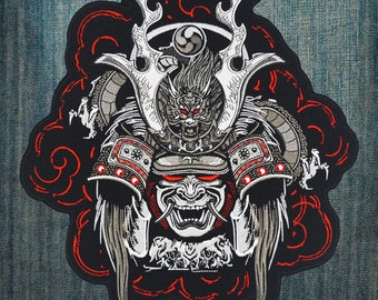 Japanese Oni Samurai Warrior Bushido with Dragon Large Embroidered Motorcycle Jacket & Biker Vest Back Patch