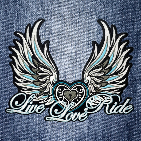 White Angel Wings Live Love Ride Large Embroidered Back Patch for Jacket & Vest