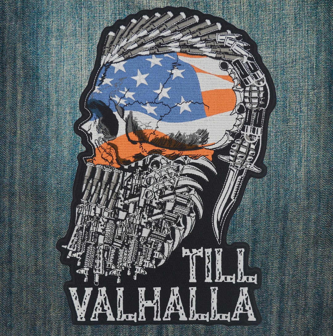 Till Valhalla American Flag Viking Skull Large Embroidered Back Patch ...