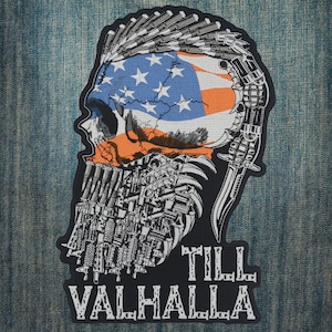 Till Valhalla American Flag Viking Skull Large Embroidered Motorcycle Jacket & Biker Vest Back Patch