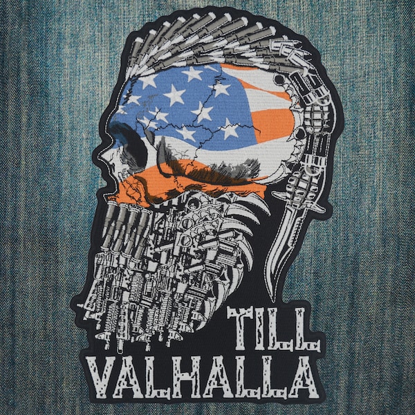 Till Valhalla American Flag Viking Skull Large Embroidered Motorcycle Jacket & Biker Vest Back Patch