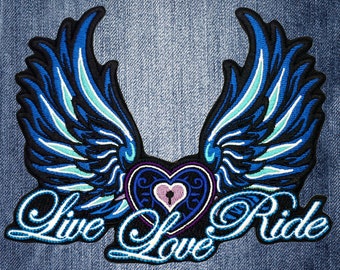 Blue Angel Wings Live Love Ride Embroidered Back Patch for Jacket & Vest (Small)
