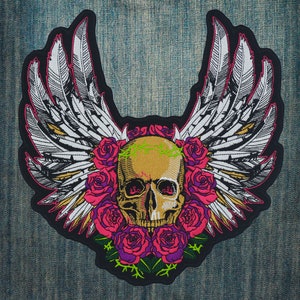 Skull Roses Angel Wings Large Embroidered Back Patch for Motorcycle Jacket & Biker Vest