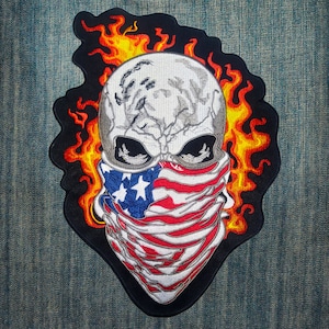 USA Flag Bandana Patriotic Skull Fire Large Embroidered Back Patch for Motorcycle Jacket & Biker Vest