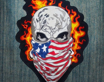 USA Flag Bandana Skull Embroidered Patch - Biker Jacket Vest