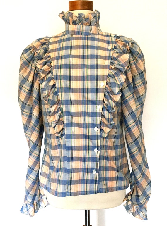 1980s Pastel Plaid Western Prairie Ruffle Blouse