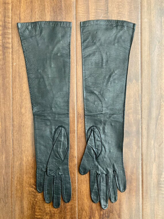 1950s Vintage Leather Gloves Long Black with embroide… Gem