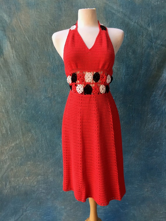 1970s Hand knitted Dress, crochet waist! - image 1