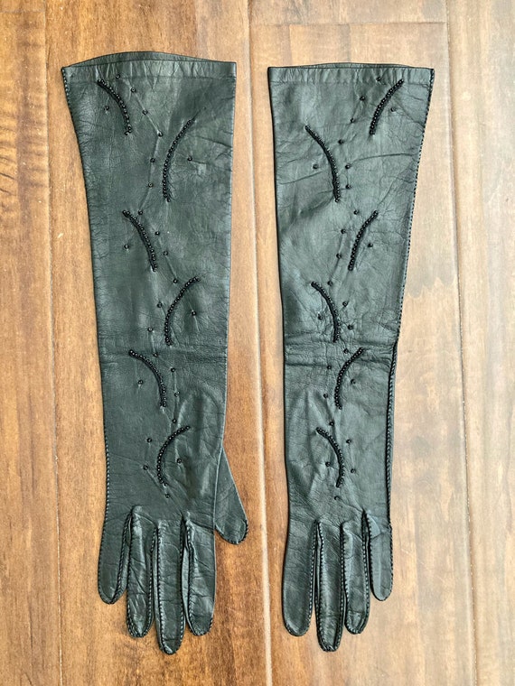 1950s Vintage Leather Gloves Long Black with embroide… Gem