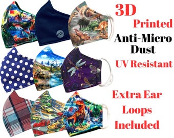 Kids 3D Printed Face Mask, Cotton, Anti-Micro Dust, UV Resistant, Extra Ear Loops